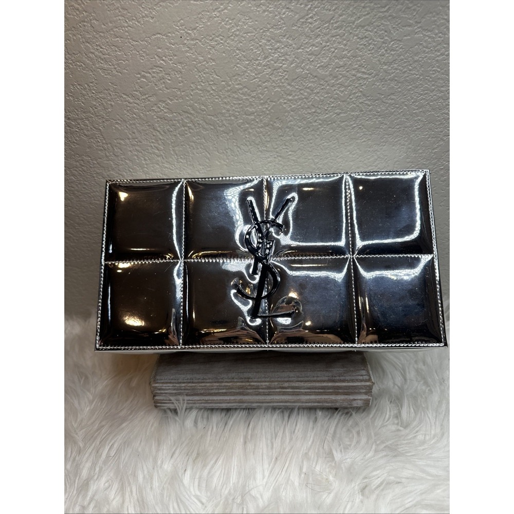 $110 🌙 YVES Saint Laurent BEAUTE Large Silver Quilted Mirror Logo Box VANITY